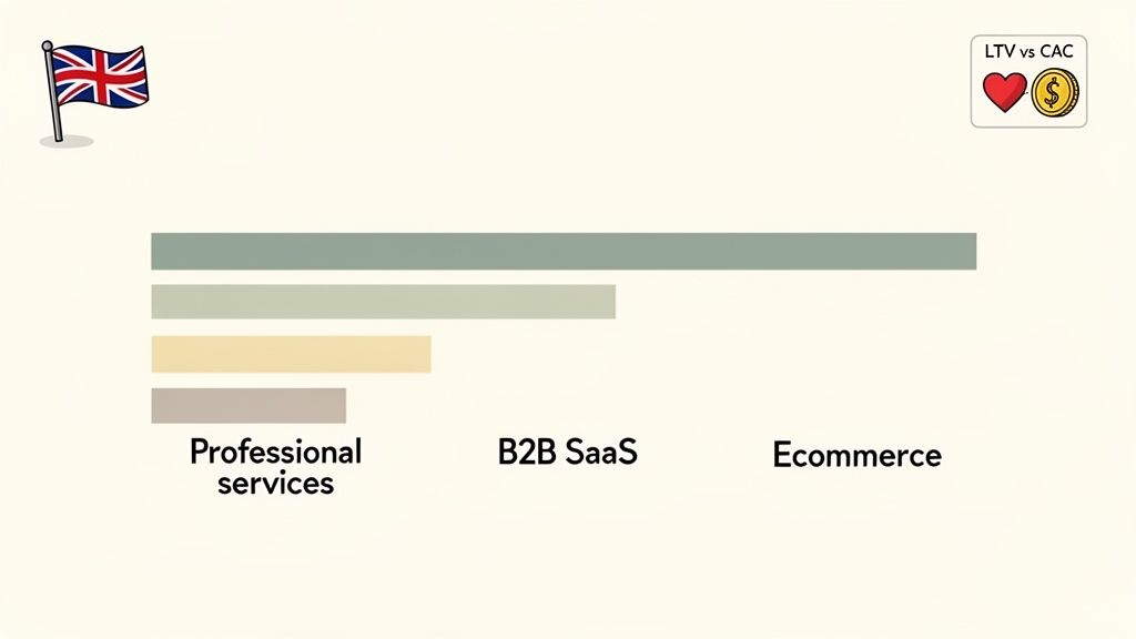 Bar chart comparing LTV to CAC ratios for Professional Services, B2B SaaS, and Ecommerce in the UK.