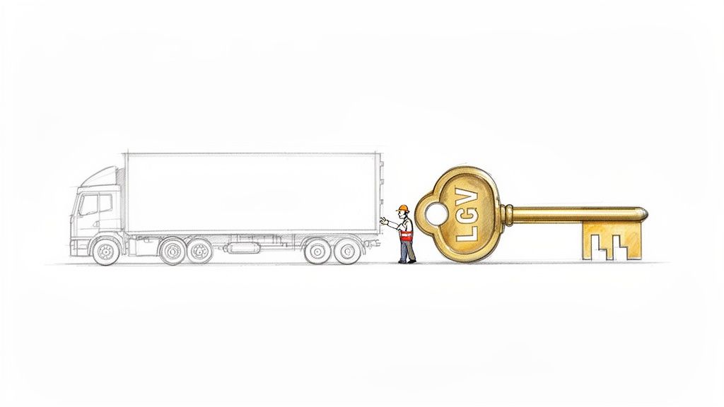 Illustration of a truck, a worker, and a large golden key with 'LGV' inscription.
