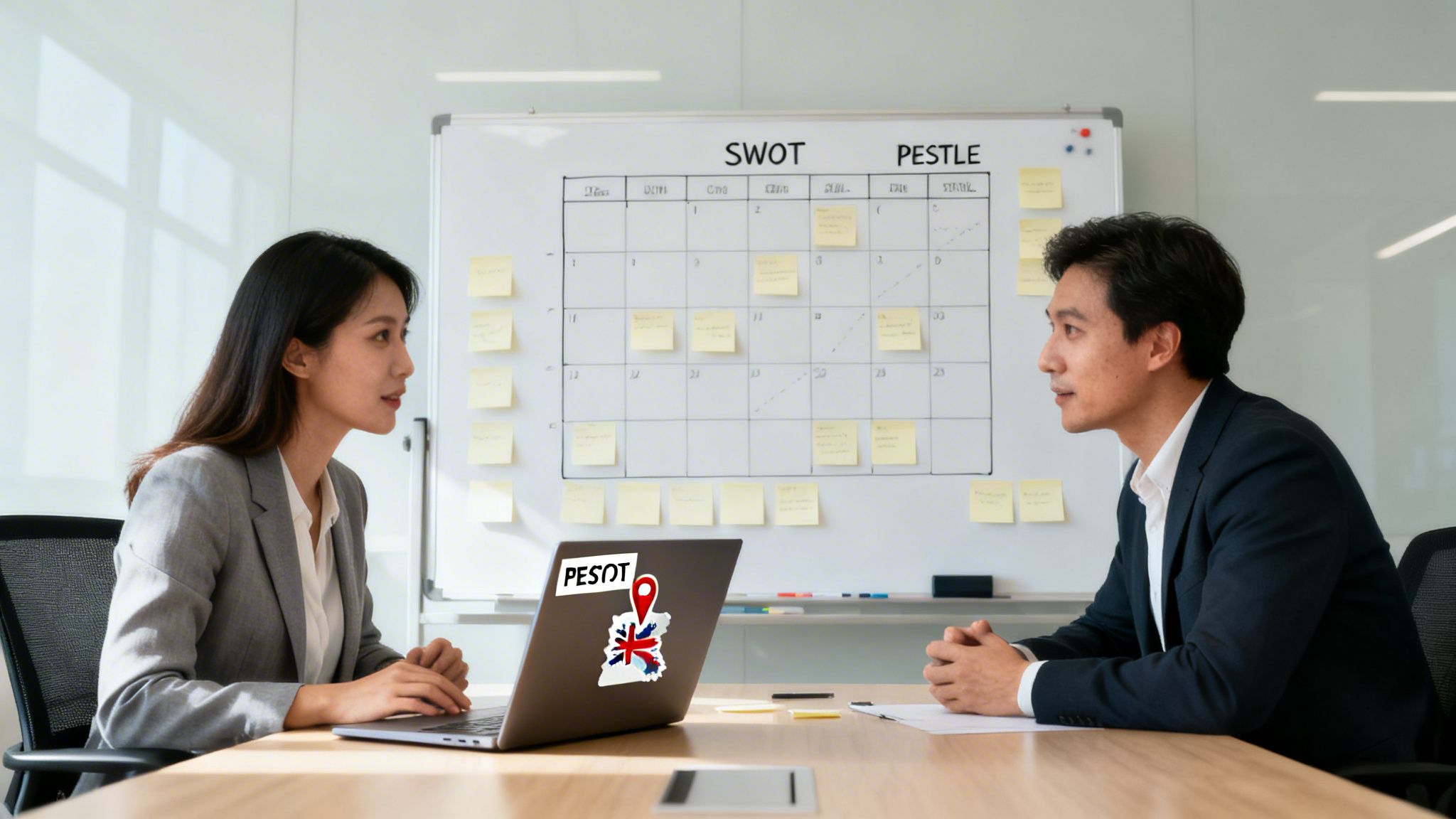 Two business professionals discuss strategy in an office with a whiteboard showing SWOT and PESTLE analysis.