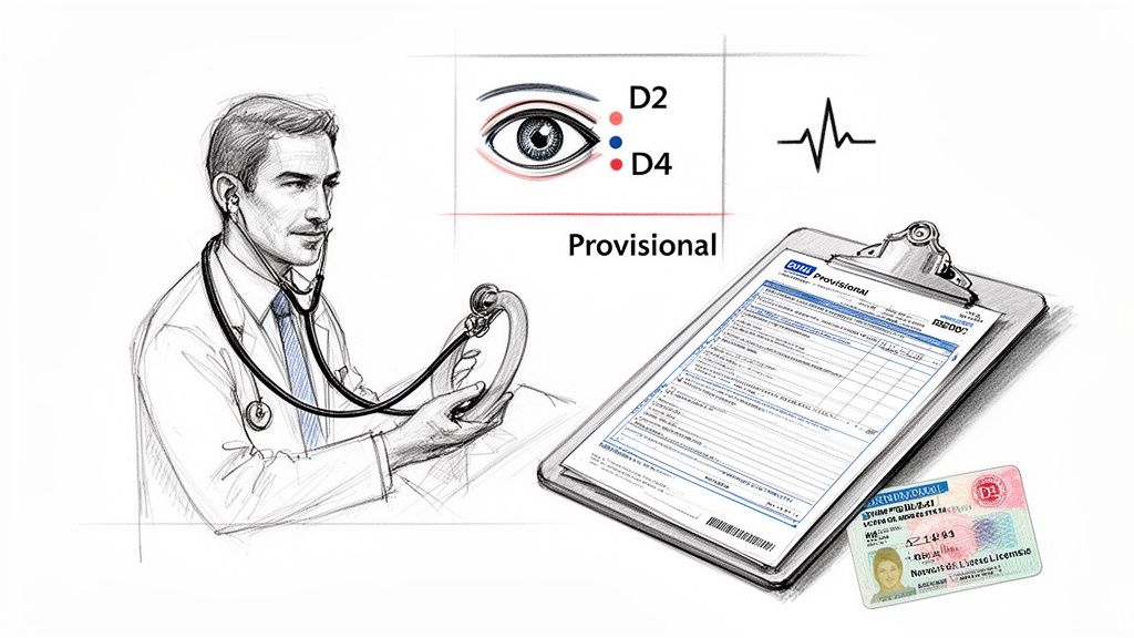 A sketch of a doctor, an eye diagram, an ECG, a provisional document, and a driver's license.