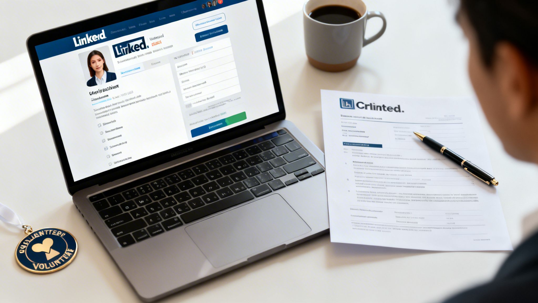A person reviews a professional profile on a laptop and a resume on a desk with a coffee mug and a volunteer medal.