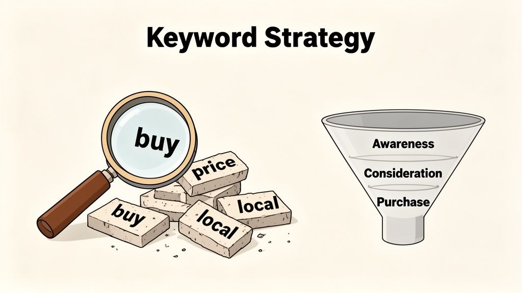 Illustration of keyword strategy with keyword research, including terms like 'buy,' 'price,' 'local,' and a sales funnel with 'Awareness,' 'Consideration,' 'Purchase' stages.
