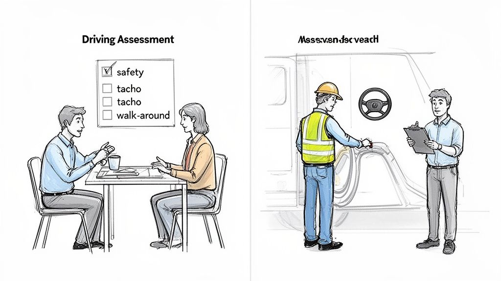 Two scenes show driving assessment: an interview on safety checks and a vehicle inspection.