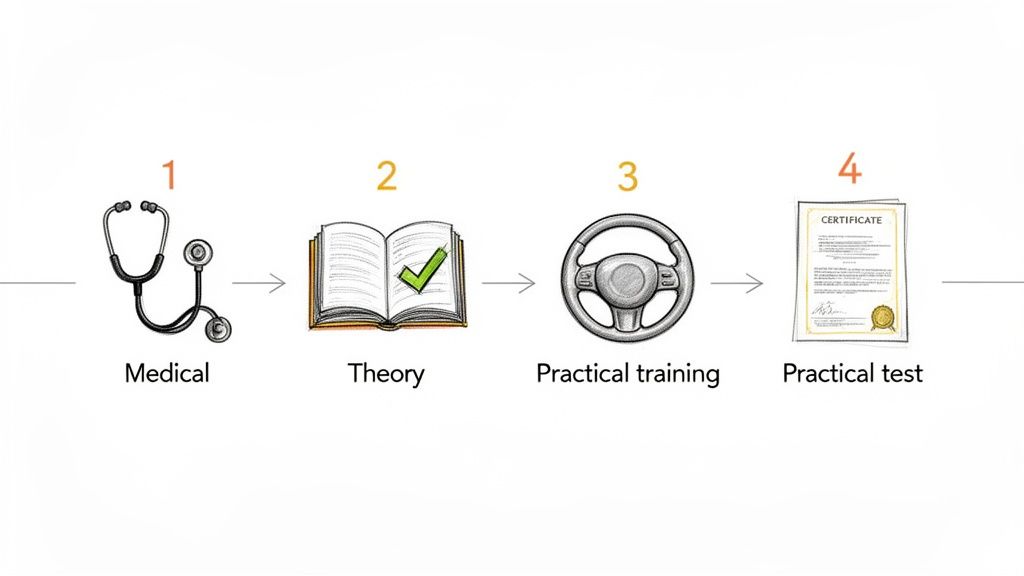 A four-step process flow for obtaining a driving license, including medical, theory, training, and test.