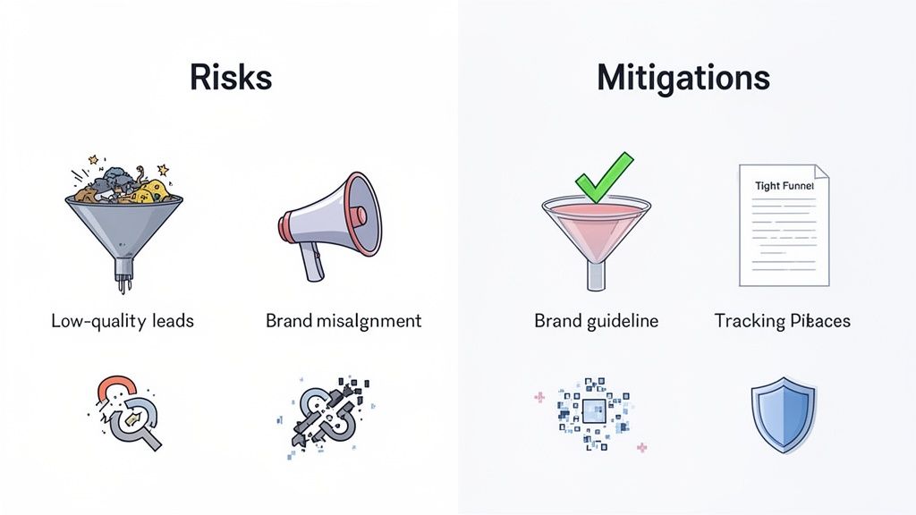 Diagram illustrating common marketing risks such as low-quality leads and brand misalignment, with mitigations.