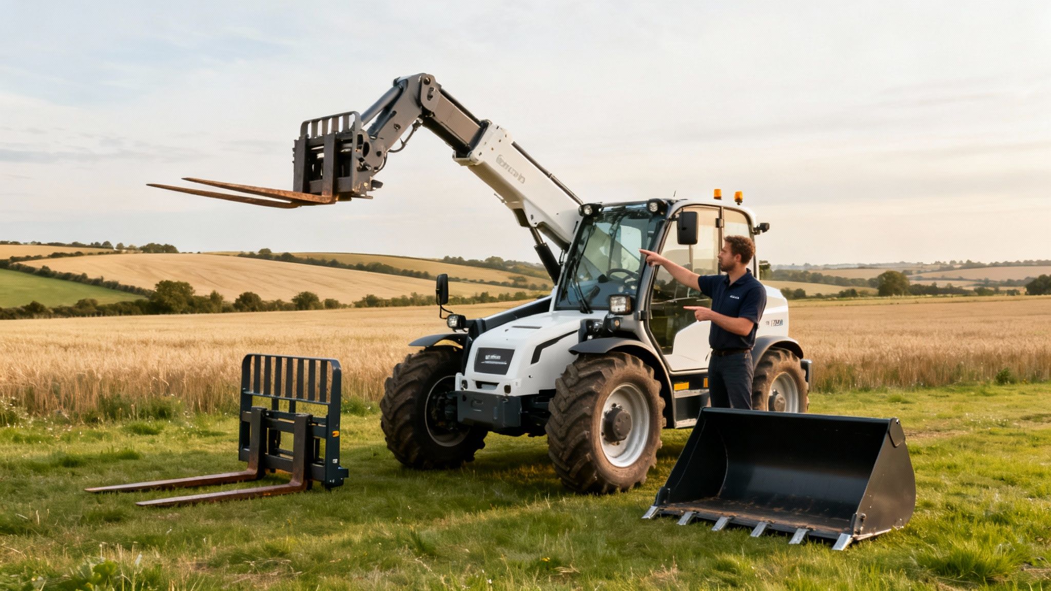 A man pointing at a white telehandler with a fork attachment in a golden field, with a bucket and another fork on the ground.