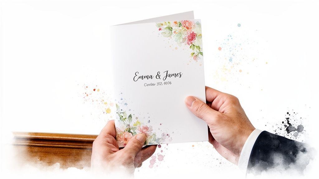 Hands hold a white wedding order of service card with watercolor floral designs for Emma & James.