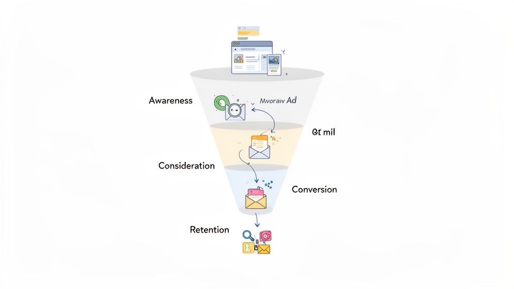 A marketing funnel diagram showing stages: Awareness, Consideration, Conversion, and Retention, with email and digital media icons.