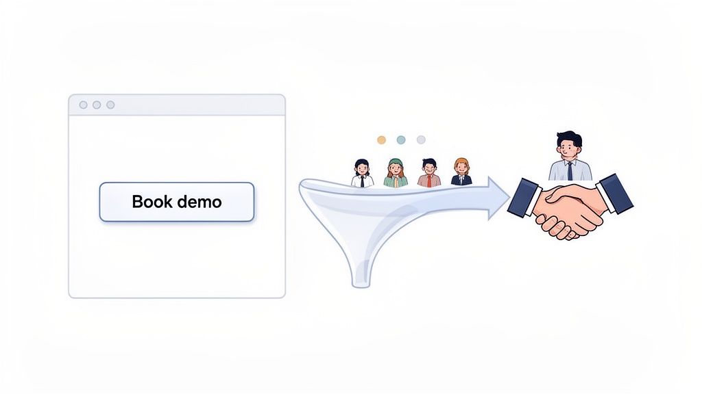 An illustration showing a 'Book demo' button, leads entering a funnel, and culminating in a handshake.