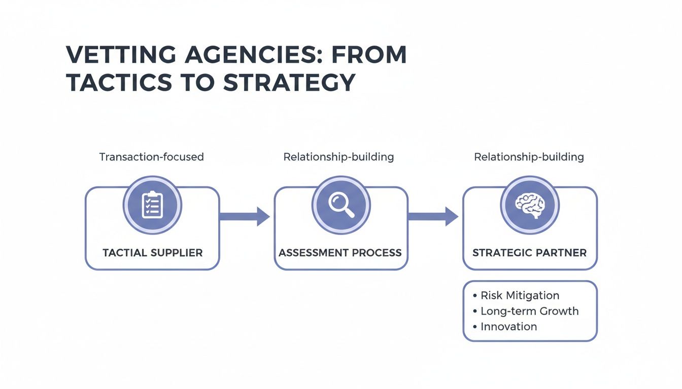 Flowchart illustrating the progression of vetting agencies from tactical suppliers to strategic partners through assessment.