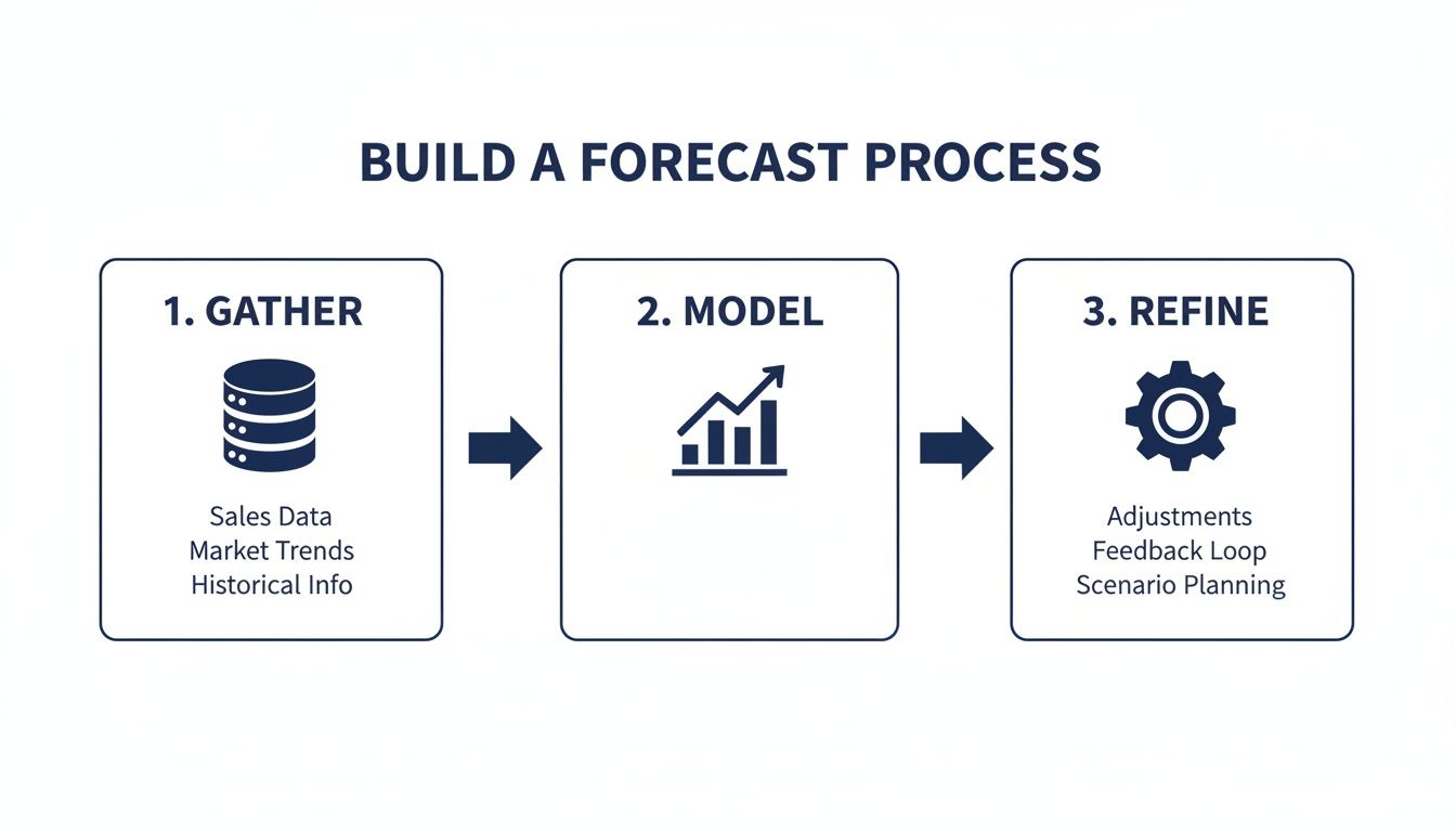Flowchart illustrating a three-step forecast process: gather data, model, and refine with adjustments.