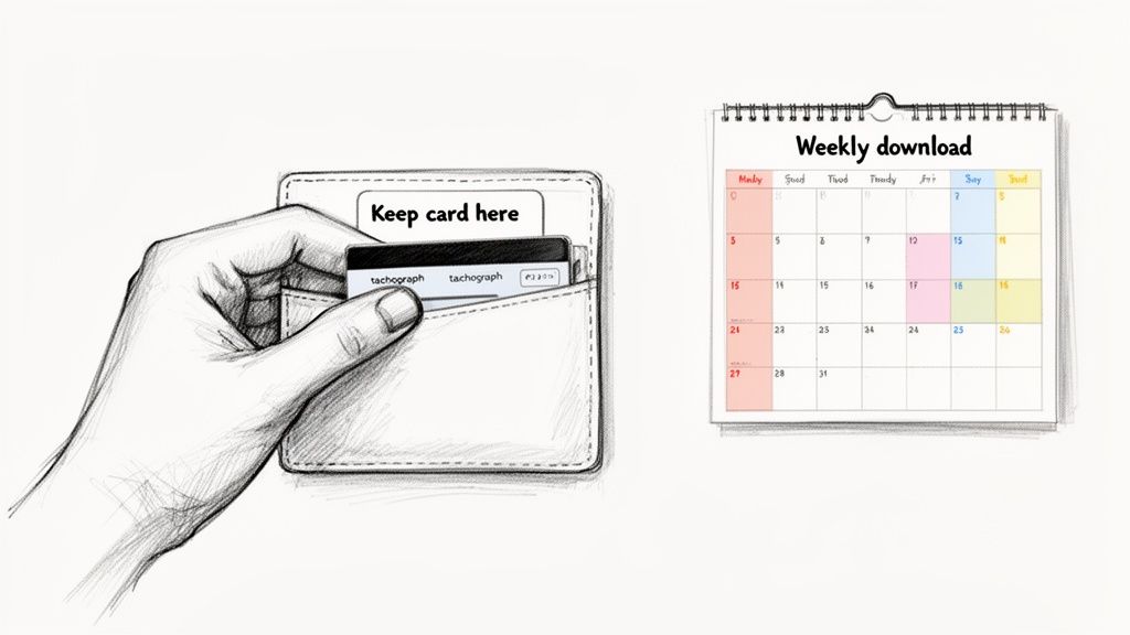 Pencil drawing of a hand placing a tachograph card into a wallet, beside a calendar for weekly downloads.