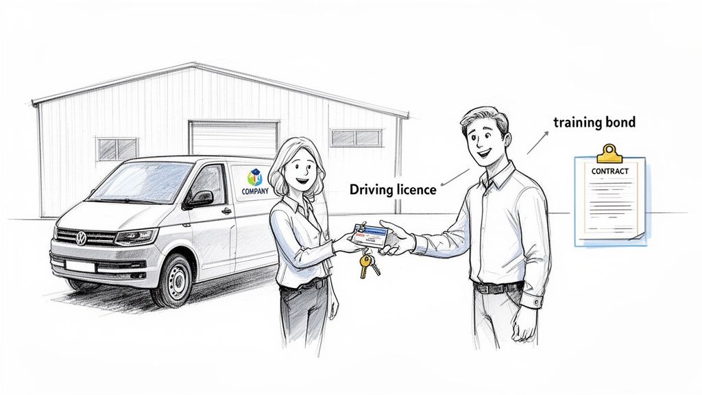 A woman hands a driving license and keys to a man in front of a company van and a contract.