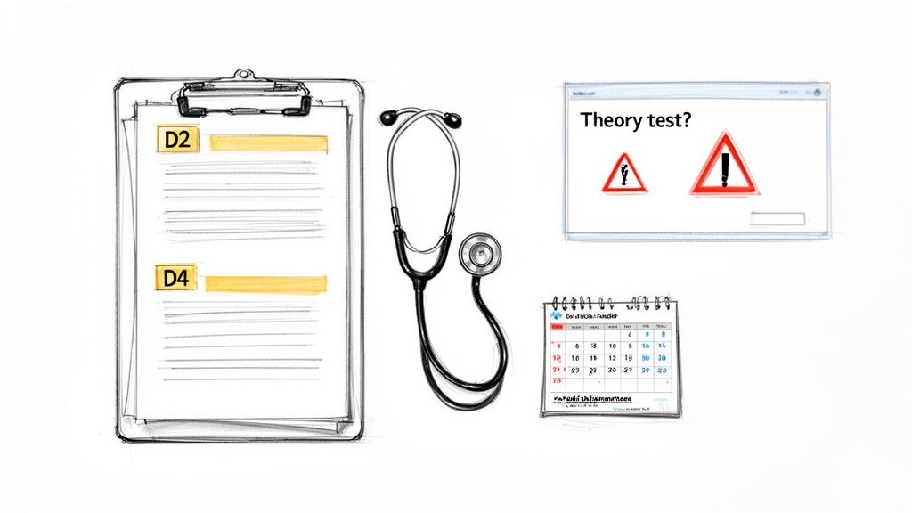 A clipboard with D2 and D4 forms, a stethoscope, a screen showing 'Theory test?' and a calendar.