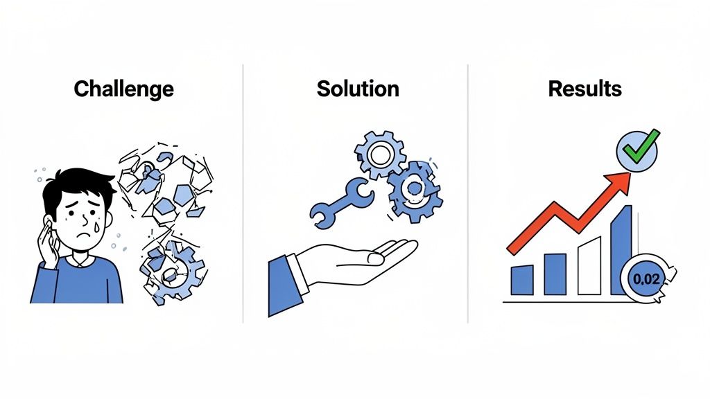 Illustration showing a business challenge, solution with tools, and positive growth results.