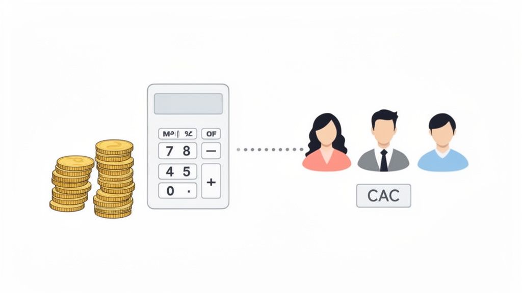 An illustration showing coins, a calculator, and three people with 'CAC', symbolizing customer acquisition cost.