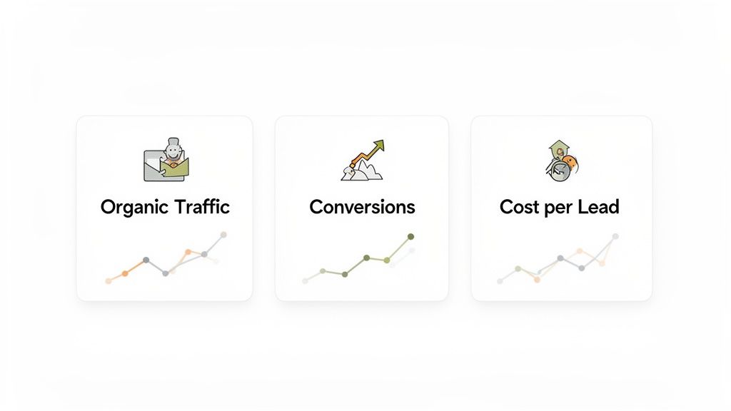 Three white cards displaying business metrics: Organic Traffic, Conversions, and Cost per Lead, each with an icon and a line graph.