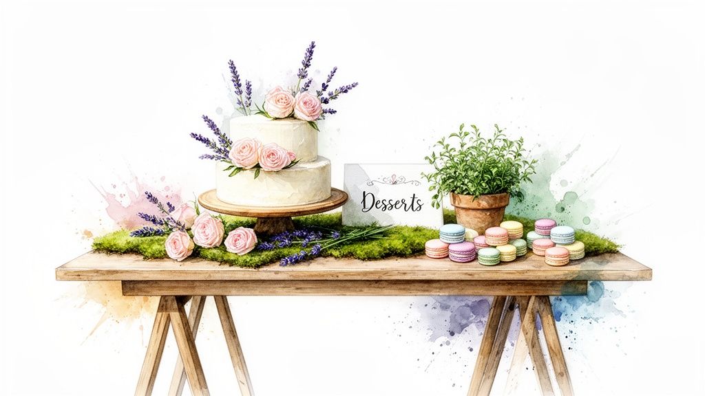 A watercolor illustration of a rustic wooden dessert table featuring a two-tier cake, macarons, and a 'Desserts' sign.