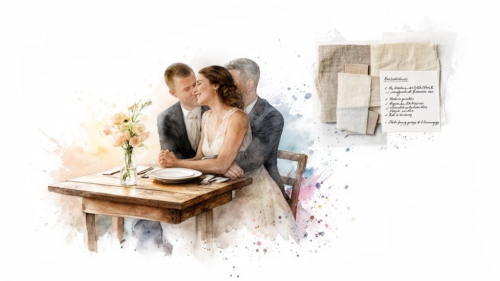 A watercolor illustration of a romantic wedding couple embracing at a rustic table with flowers.
