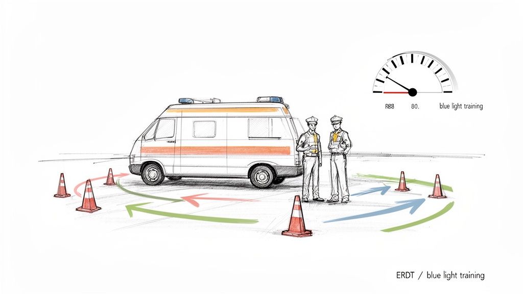 Sketch of an ambulance training session with cones, demonstrating driving maneuvers, observed by two instructors.