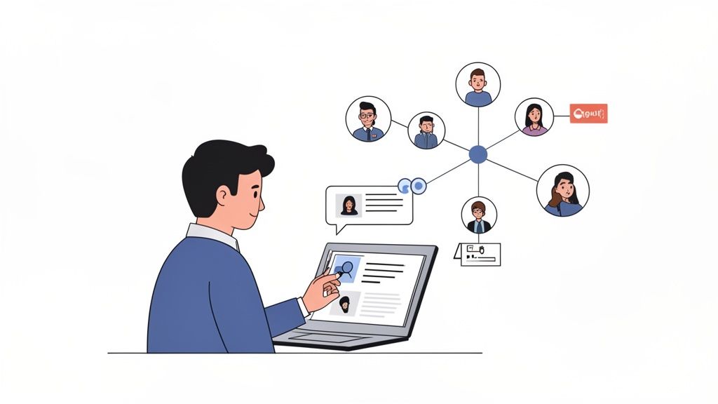 A man uses a laptop to search and connect with a digital network of professionals for lead generation.