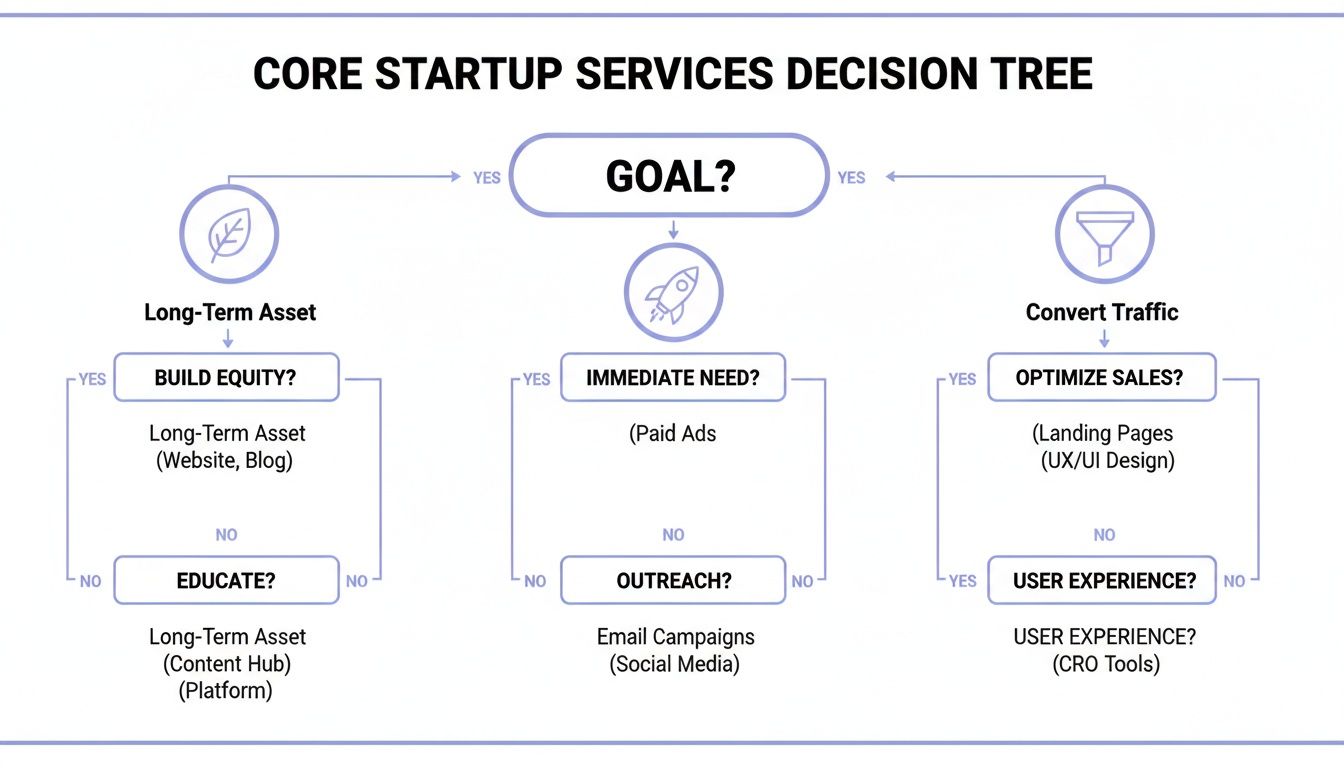 A core startup services decision tree illustrating different pathways based on business goals like long-term assets, immediate needs, and converting traffic.
