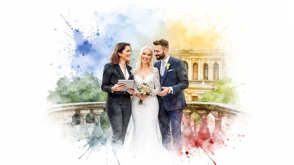 A wedding planner holds a tablet, smiling with a happy bride and groom on a scenic balcony.