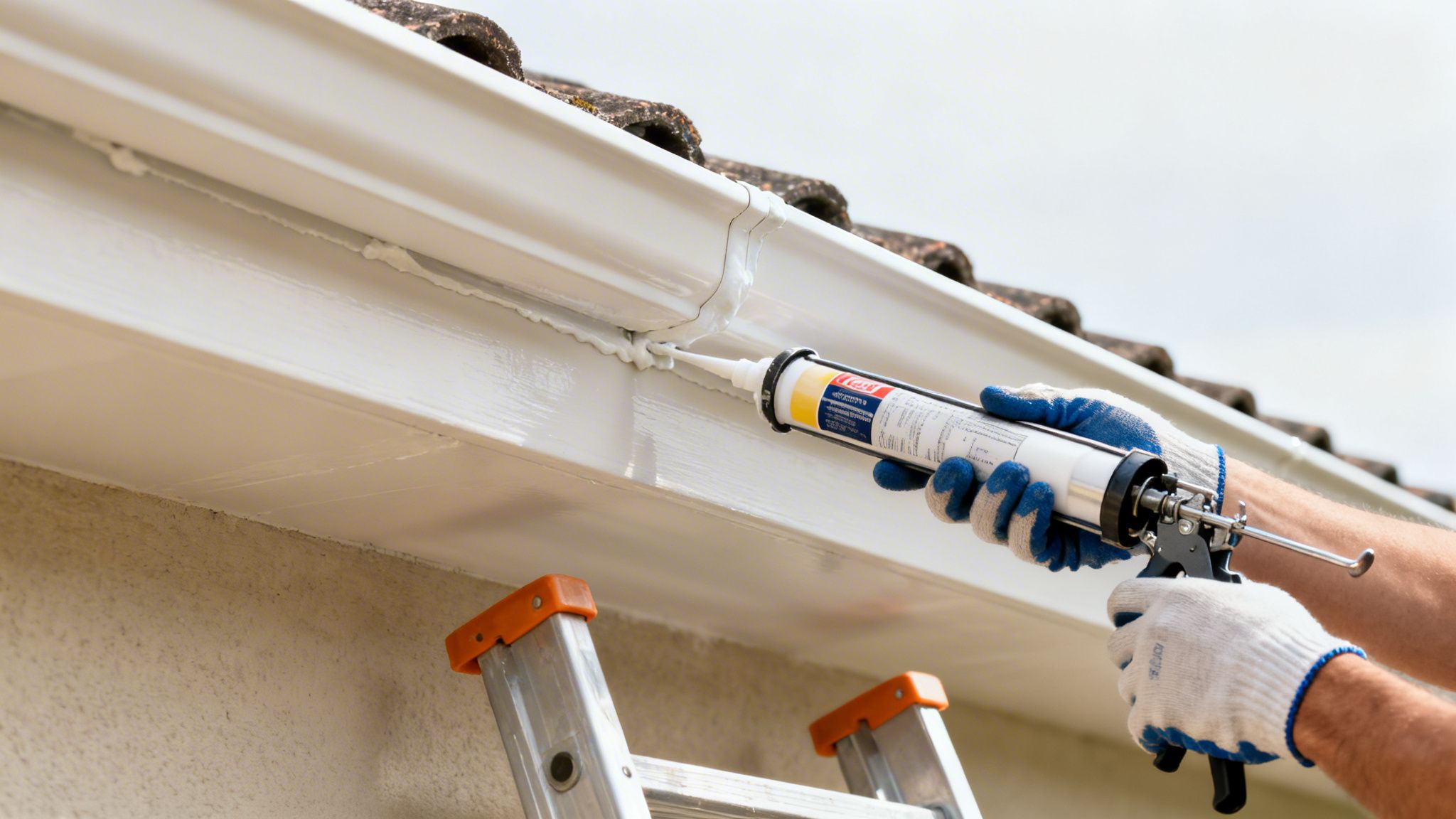 Person in gloves sealing white roof gutter with a caulk gun from a ladder.