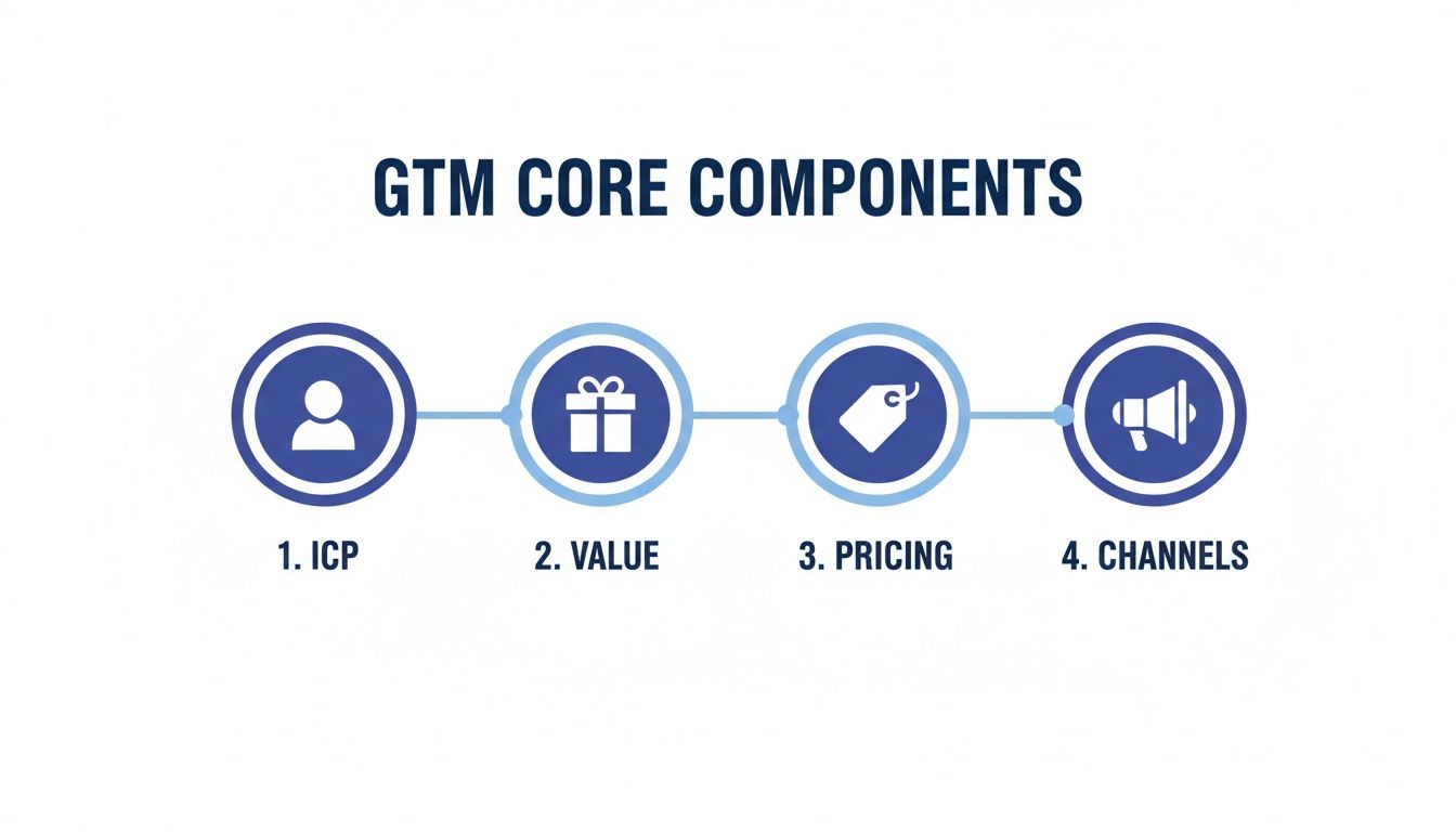 Diagram illustrating the four core components of a Go-to-Market (GTM) strategy: ICP, Value, Pricing, and Channels.