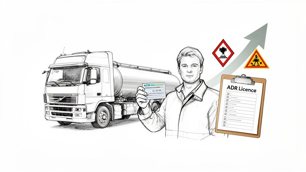 Man holding an ADR licence card, standing in front of a tanker truck and hazard symbols.