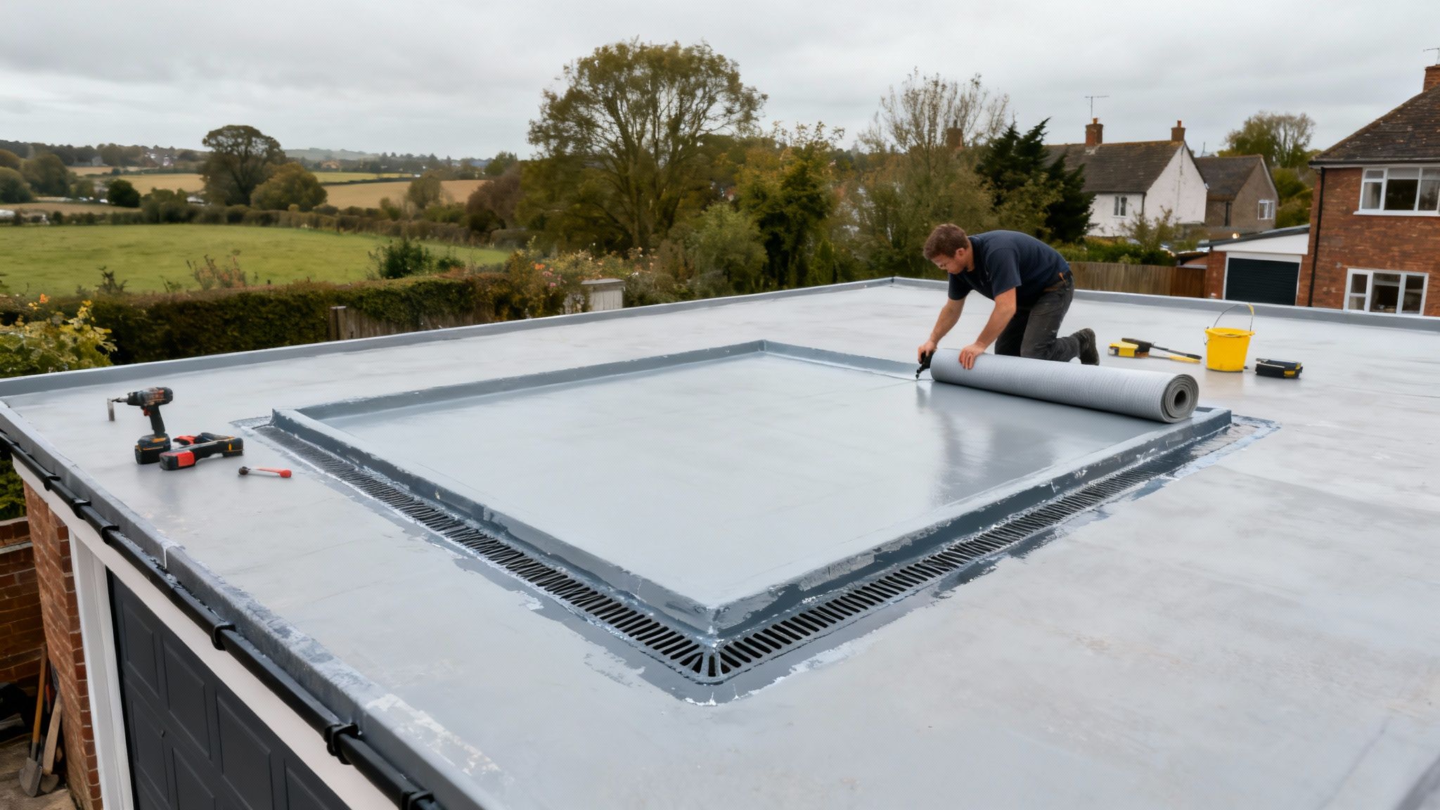 A man kneels on a flat roof, unrolling gray waterproofing membrane, with tools nearby, against a rural backdrop.