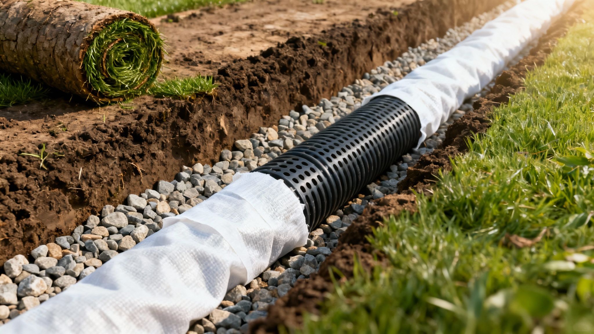 A trench with a perforated drainage pipe, gravel, and white fabric, next to a roll of sod.