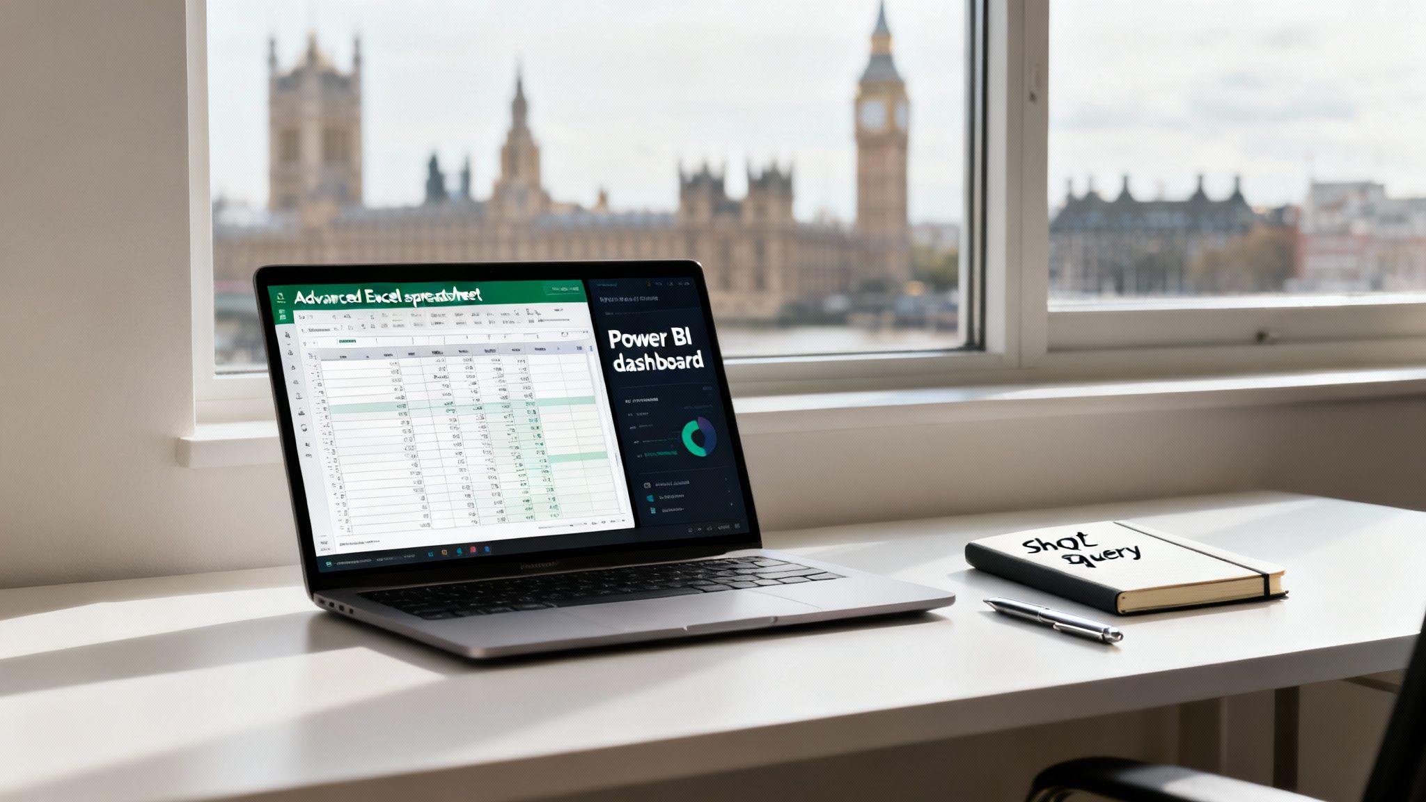 Laptop displaying Excel and Power BI dashboards on a desk with a notebook and pen, overlooking London.