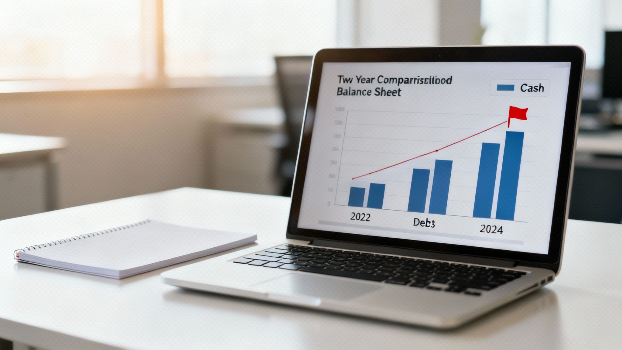 Laptop on a desk displaying a financial balance sheet chart with increasing cash. A notepad is nearby.