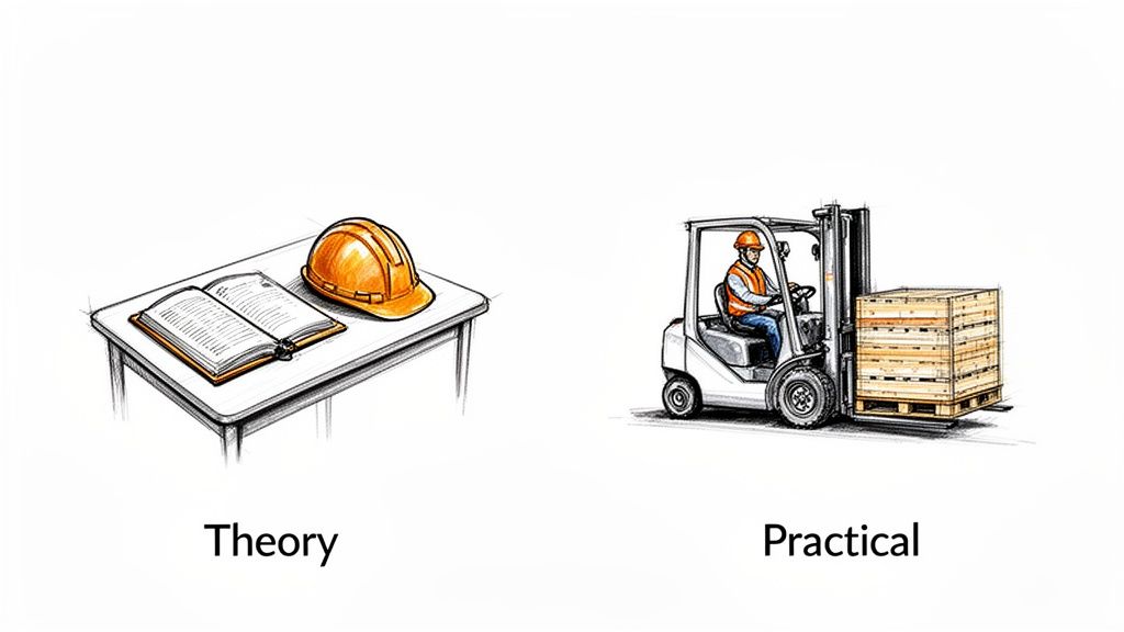Illustration contrasting theoretical learning (book, hard hat) with practical application (person operating a forklift).