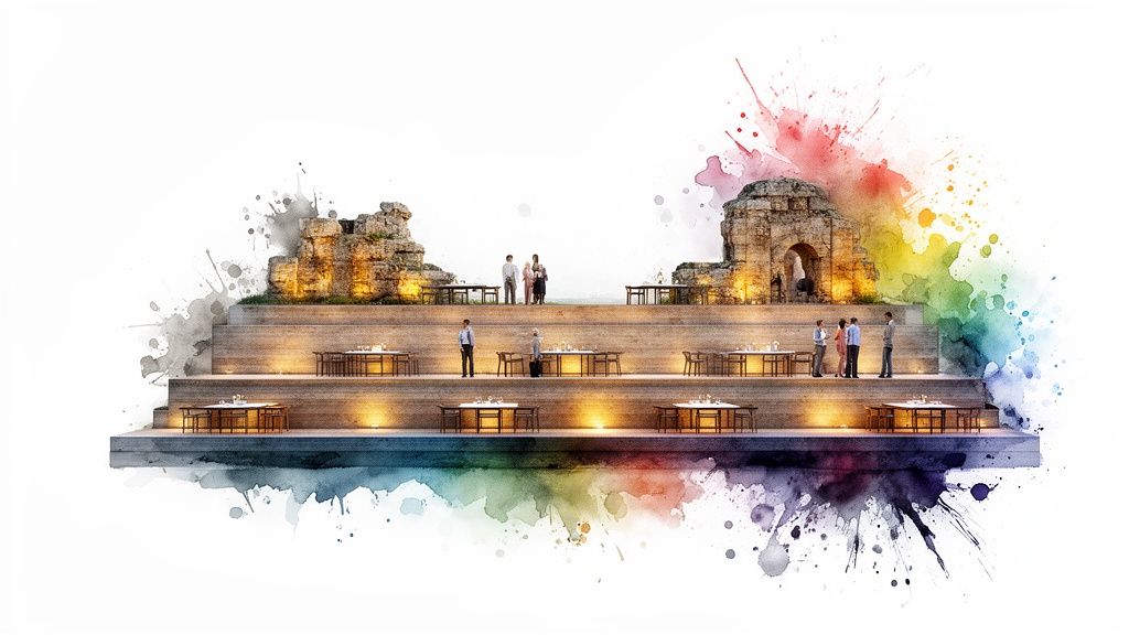 Elegant multi-tiered outdoor venue with stone ruins, dining tables, people, and vibrant watercolor art.