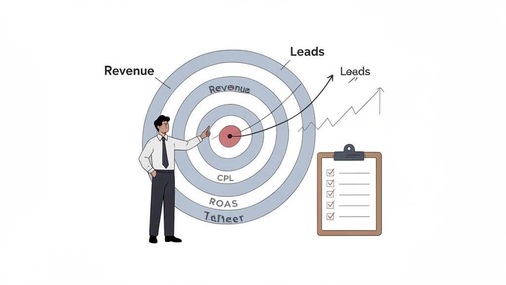 A businessman points to a marketing target illustrating revenue, leads, and performance metrics.