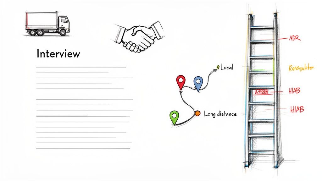 Sketched image depicting a truck, handshake, interview list, map routes for local and long distance, and a ladder with driver qualifications like ADR and HIAB.