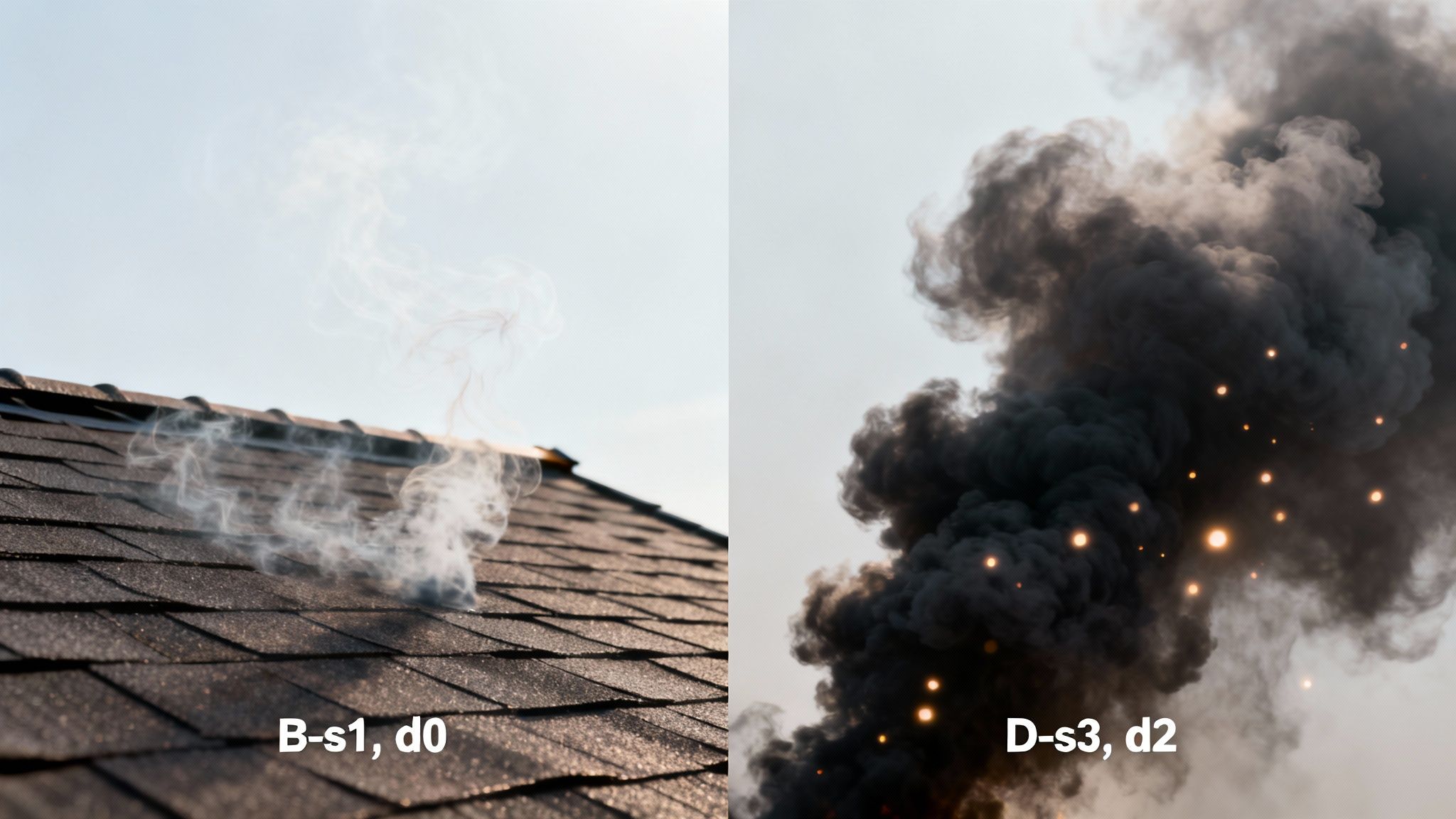 Two types of smoke: light white smoke from a roof and dense black smoke with fire embers.