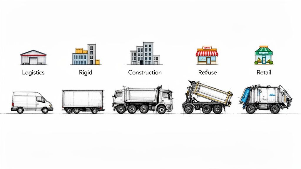 Illustration showing various commercial vehicles and their associated industries: logistics, rigid, construction, refuse, and retail.
