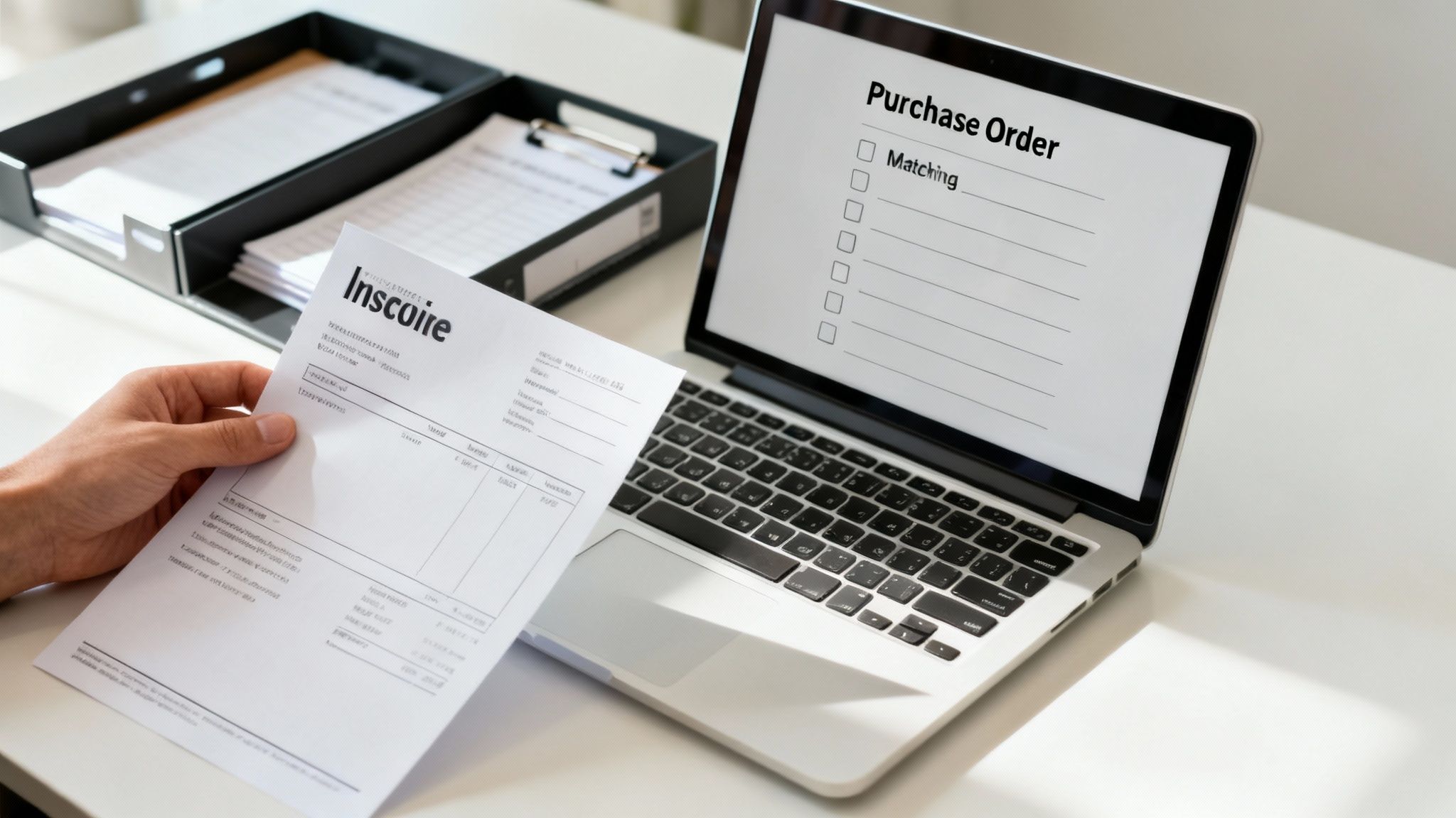 A person's hand holds an invoice document next to a laptop displaying a purchase order matching checklist.