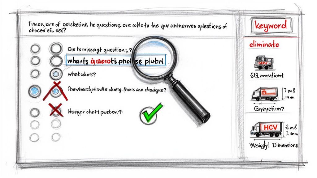Hand-drawn multiple-choice test question with answers, correct option, incorrect marks, and magnifying glass.