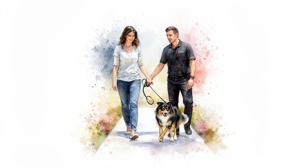 A watercolor illustration of a happy couple walking their tri-color dog on a leash, holding hands.