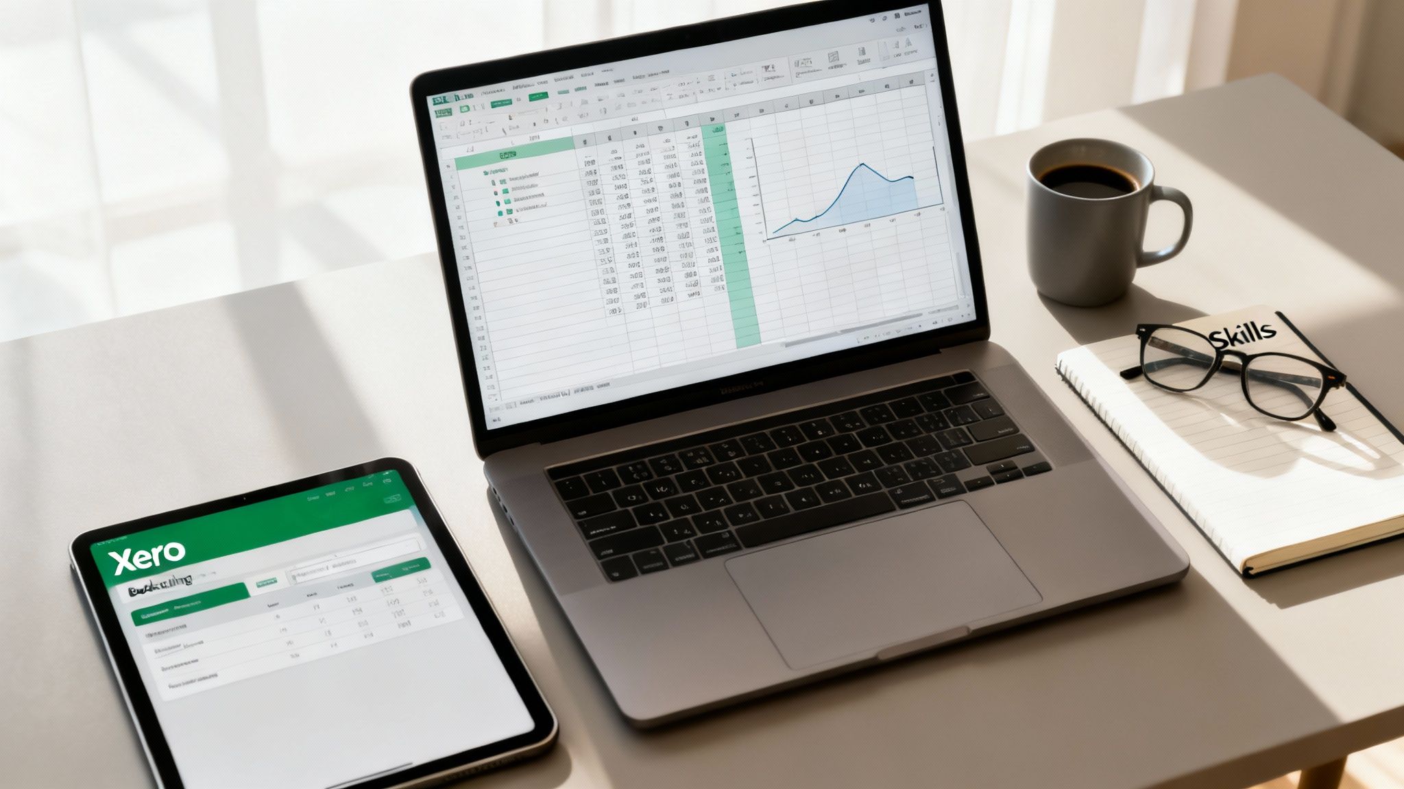 A laptop displays an Excel sheet with a graph, a tablet shows Xero accounting software, with coffee and a 'Skills' notebook.