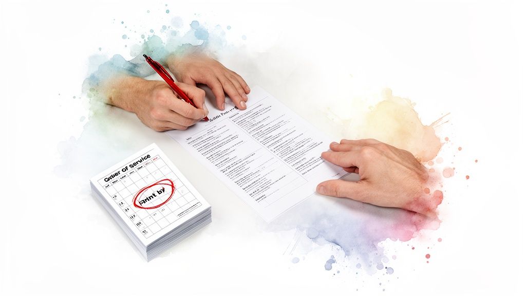 Hands reviewing a wedding 'Order of Service' document, with one writing and a stack of booklets.