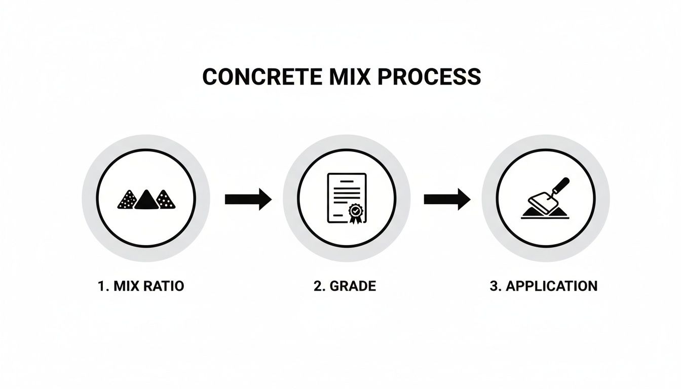 An infographic detailing the concrete mix process, showing steps for mix ratio, grade, and application.