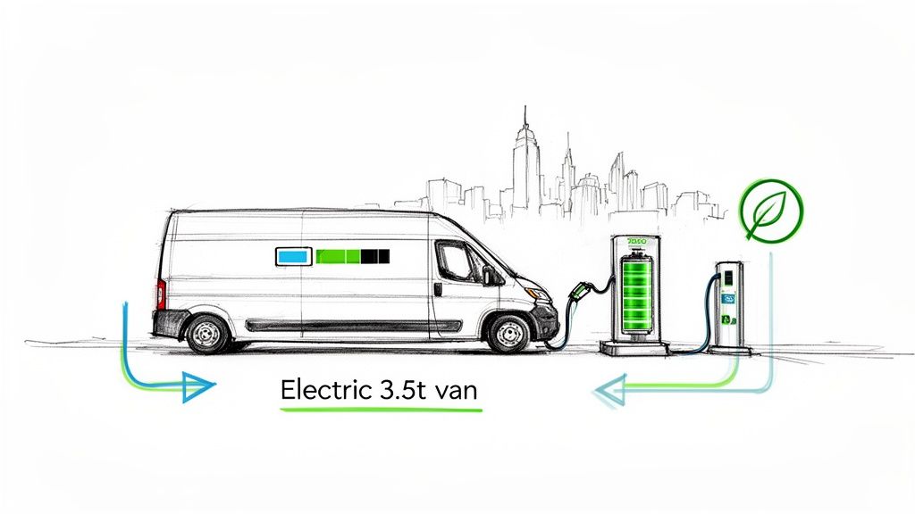 Sketch of an electric 3.5t van charging in a city, symbolizing sustainable transportation.