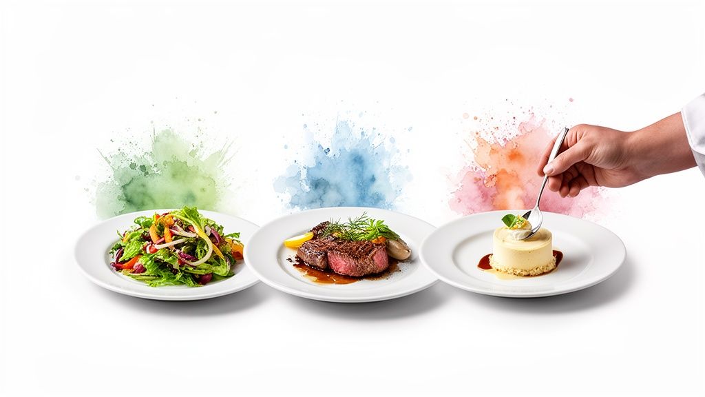 Three gourmet dishes: fresh salad, perfectly cooked steak, and elegant dessert with a chef's finishing touch.