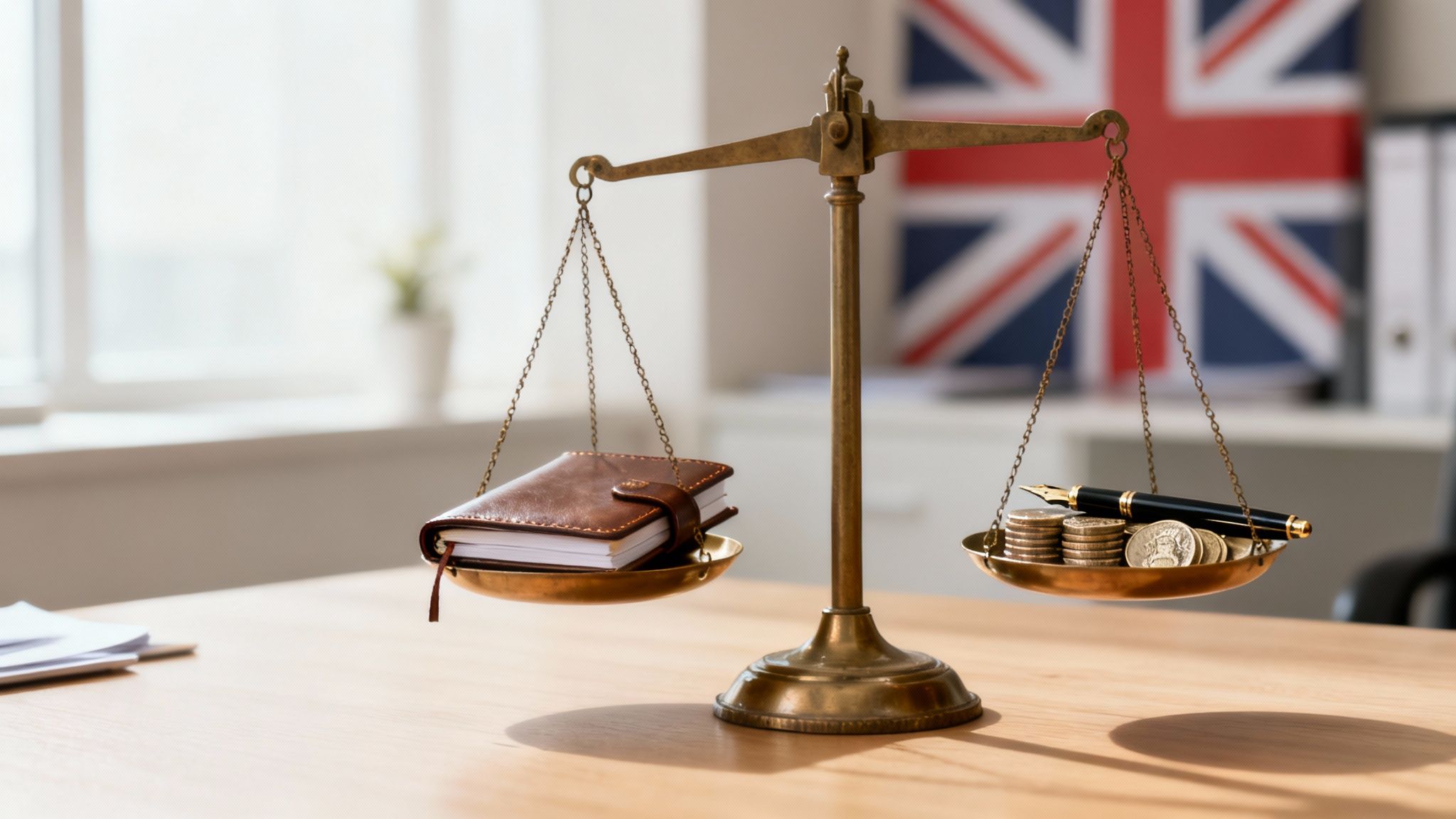 A brass balance scale with a brown notebook on one side and coins and a pen on the other.