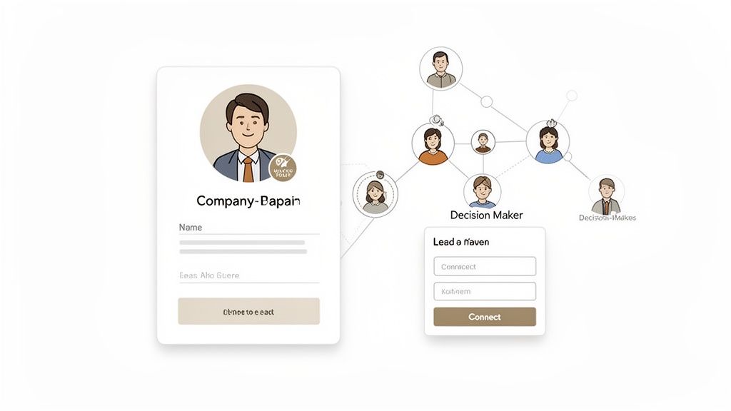 A user interface showing a business profile card, an organizational network diagram, and a lead generation form.